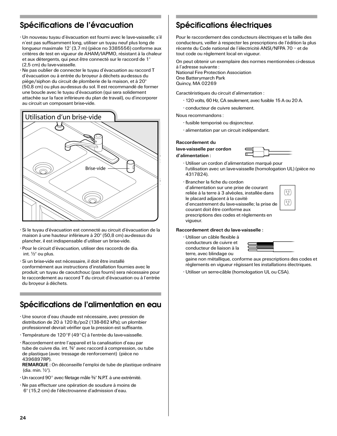 Maytag W10290309A Spécifications de l’évacuation, Spécifications de l’alimentation en eau, Spécifications électriques 