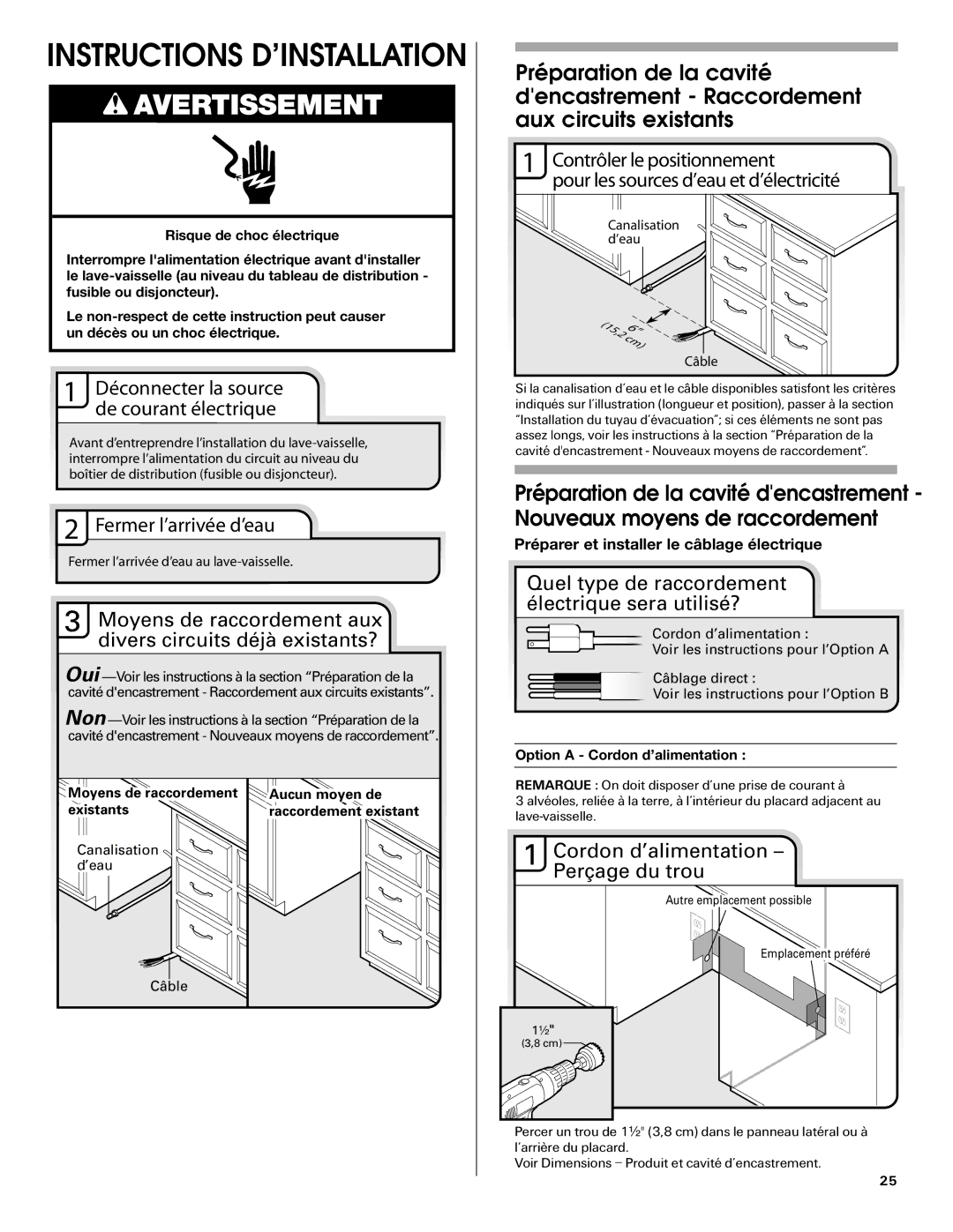 Maytag MDB6709AWW, W10290309A installation instructions Déconnecter la source de courant électrique, Fermer l’arrivée d’eau 