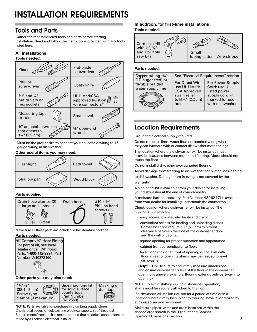 Maytag MDB6709AWW, W10290309A installation instructions Tools and Parts, Location Requirements 