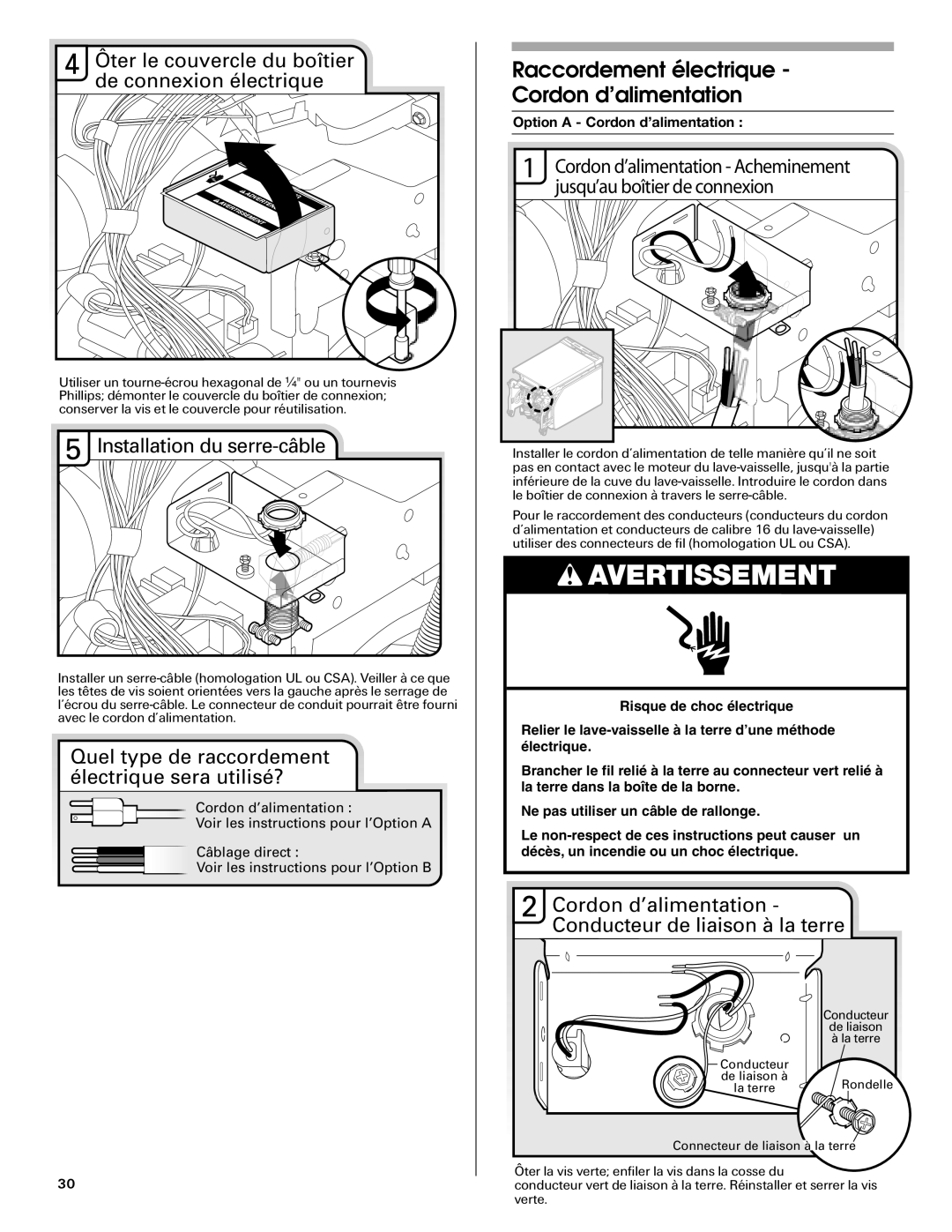 Maytag W10290309A Raccordement électrique Cordon d’alimentation, Ôter le couvercle du boîtier De connexion électrique 