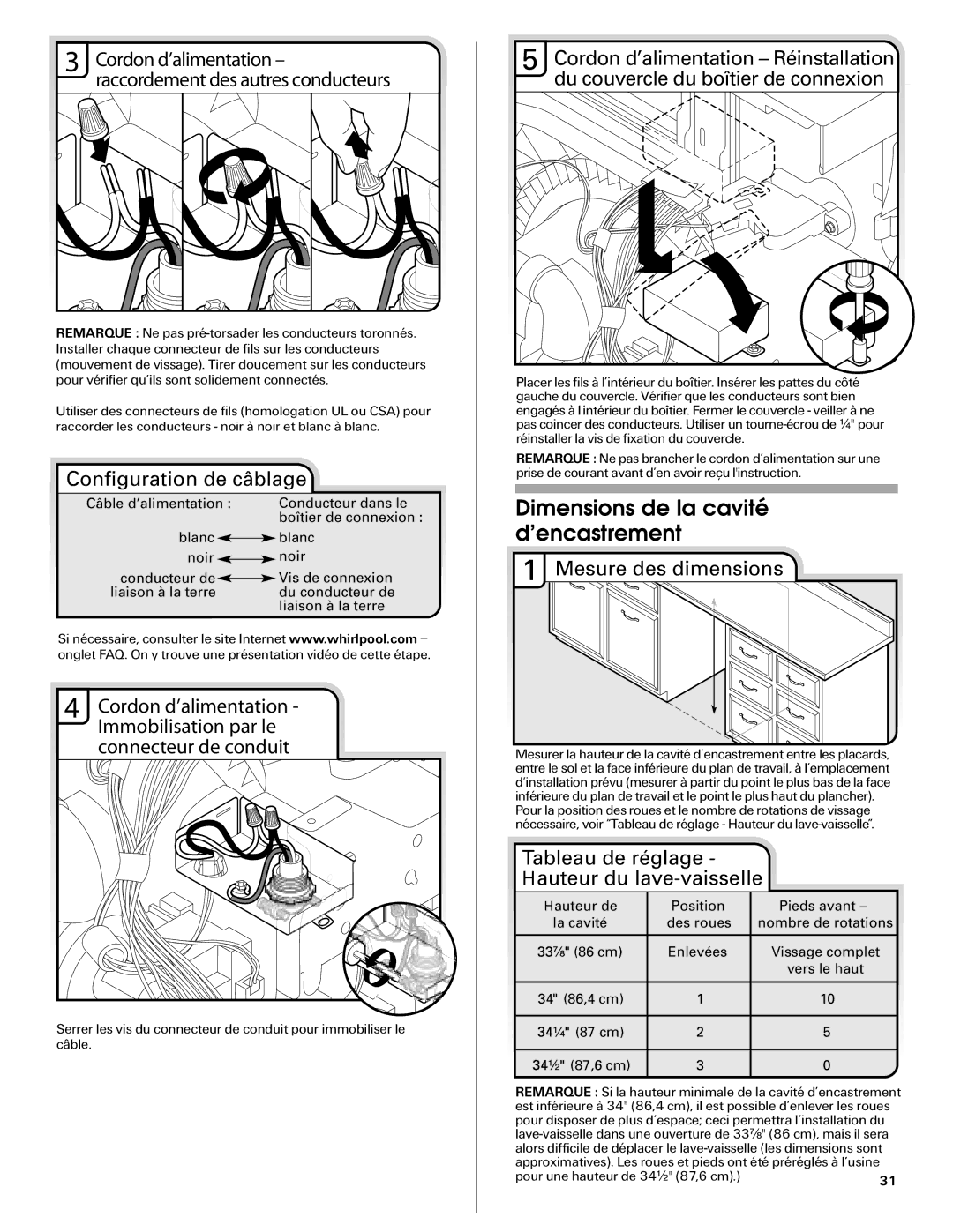 Maytag MDB6709AWW, W10290309A Dimensions de la cavité d’encastrement, Configuration de câblage, Mesure des dimensions 