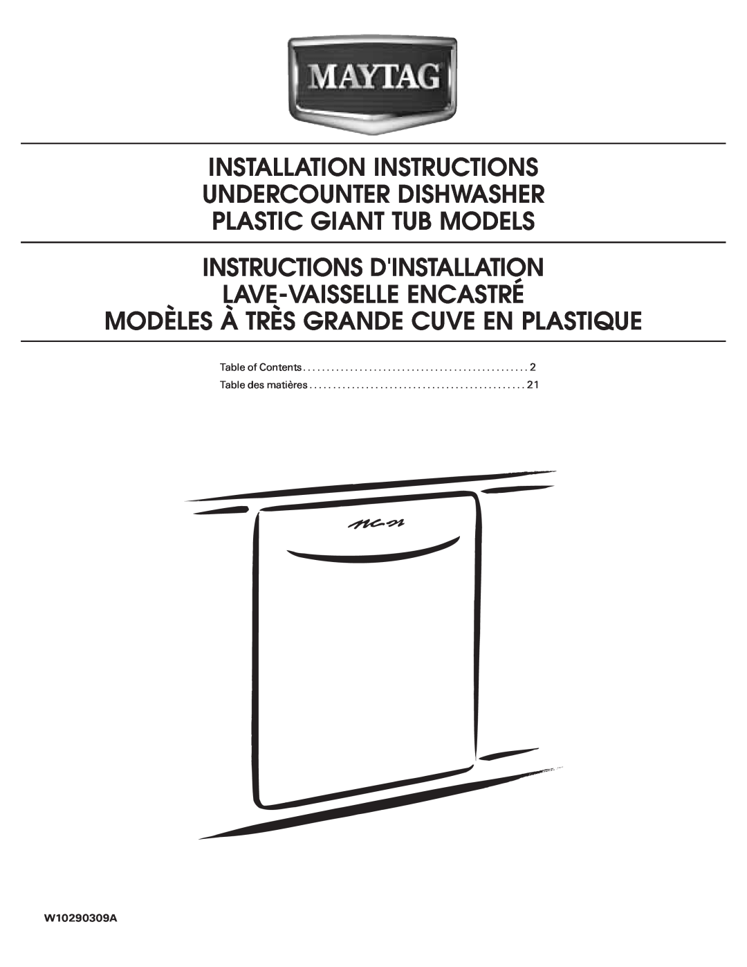 Maytag MDB6709AWW installation instructions Installation Instructions Undercounter Dishwasher, W10290309A 