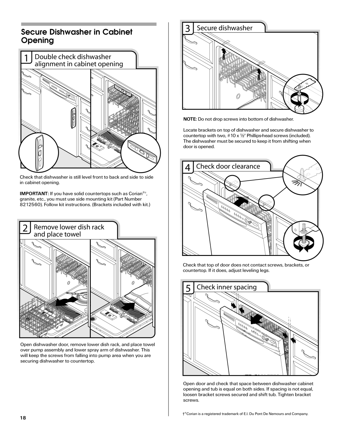 Maytag W10290309A Double check dishwasher alignment in cabinet opening, Remove lower dish rack, and place towel 
