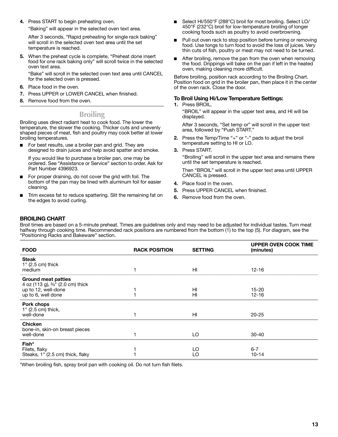 Maytag MGT8885XS, W10291449A manual To Broil Using Hi/Low Temperature Settings, Broiling Chart, Upper Oven Cook Time 