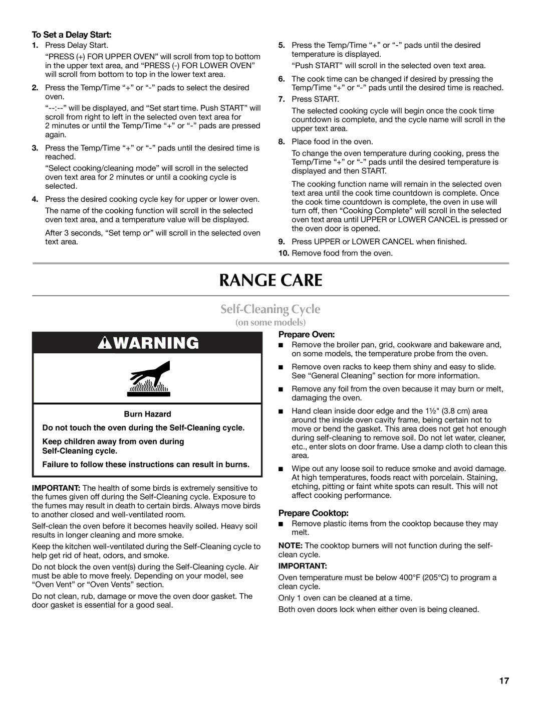 Maytag MGT8885XS, W10291449A manual Range Care, Self-Cleaning Cycle, To Set a Delay Start, Prepare Oven, Prepare Cooktop 