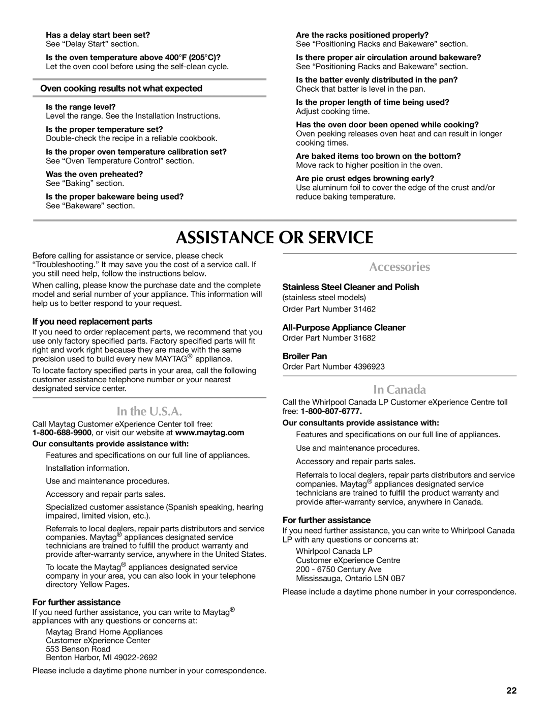 Maytag W10291449A, MGT8885XS manual Assistance or Service, U.S.A, Accessories, Canada 