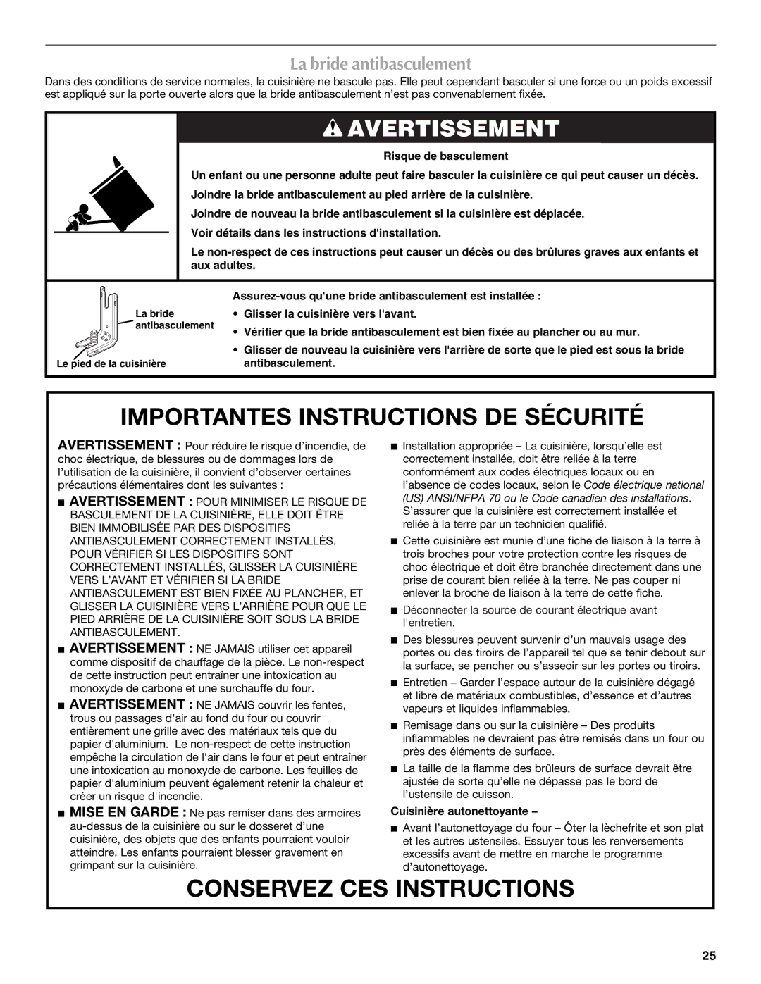 Maytag MGT8885XS, W10291449A manual La bride antibasculement, Cuisinière autonettoyante 