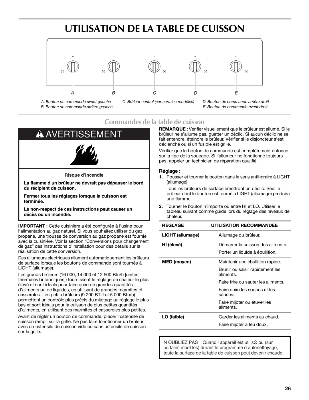 Maytag W10291449A, MGT8885XS manual Utilisation DE LA Table DE Cuisson, Commandes de la table de cuisson, Réglage 