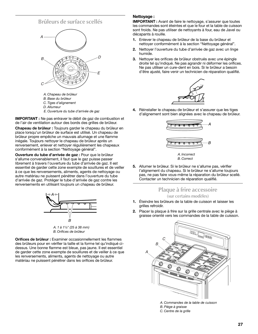 Maytag MGT8885XS, W10291449A manual Brûleurs de surface scellés, Plaque à frire accessoire, Nettoyage 