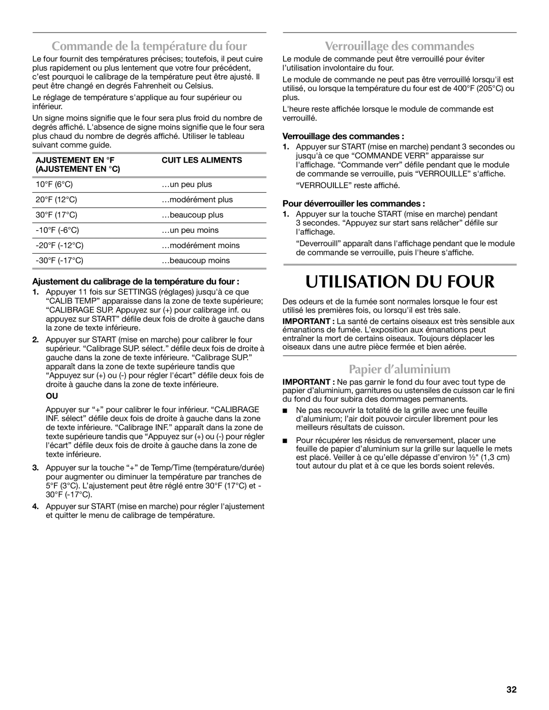 Maytag W10291449A, MGT8885XS manual Utilisation DU Four, Verrouillage des commandes, Papier d’aluminium 