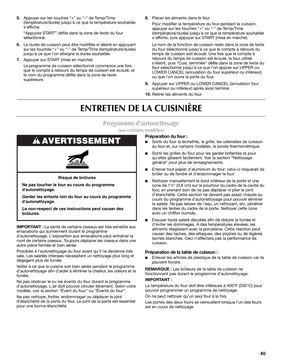 Maytag W10291449A, MGT8885XS manual Entretien DE LA Cuisinière, Programme dautonettoyage, Préparation du four 