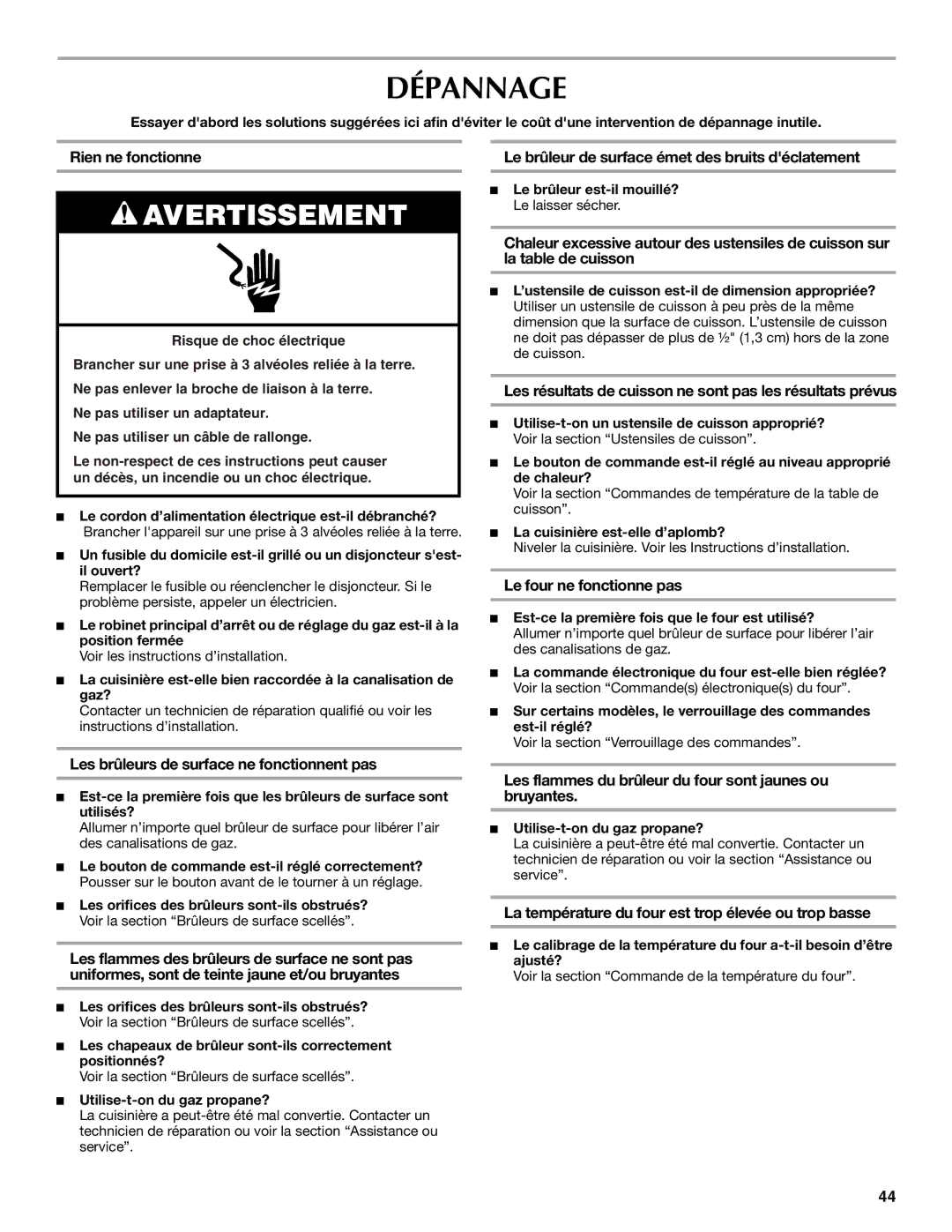 Maytag W10291449A, MGT8885XS manual Dépannage 