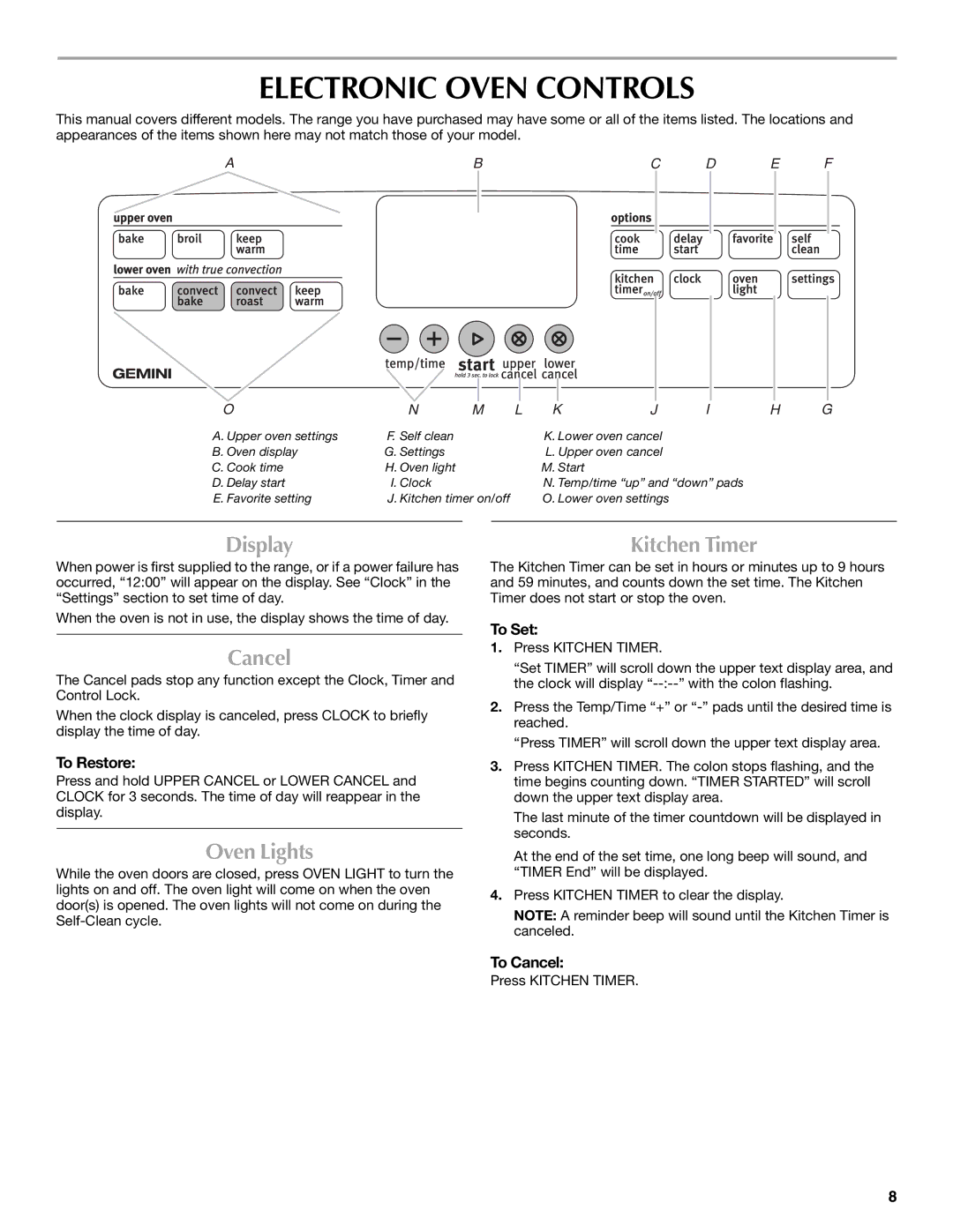 Maytag W10291449A, MGT8885XS manual Electronic Oven Controls, Display, Cancel, Oven Lights, Kitchen Timer 