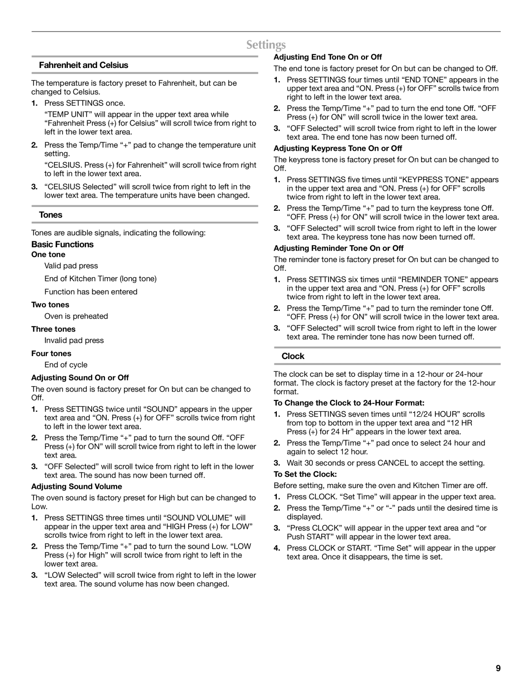 Maytag MGT8885XS, W10291449A manual Settings, Fahrenheit and Celsius, Tones, Basic Functions, Clock 