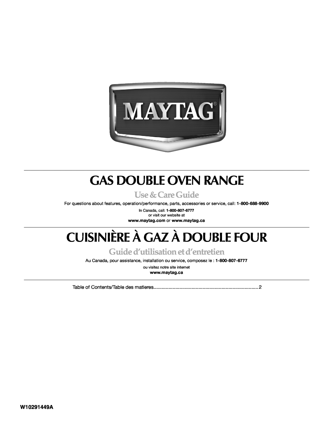 Maytag MGT8885XS manual Use & Care Guide, Guide d’utilisation et d’entretien, Gas Double Oven Range, W10291449A 