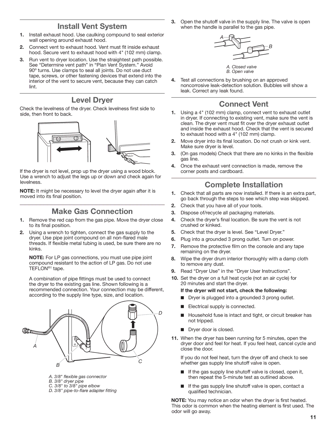 Maytag MGDC500VW, W10296136A-SP Install Vent System, Level Dryer, Make Gas Connection, Connect Vent, Complete Installation 