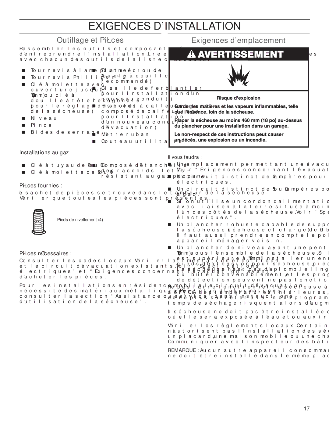 Maytag MGDC500VW, W10296136A-SP, W10296135A Exigences Dinstallation, Outillage et Pièces, Exigences demplacement 