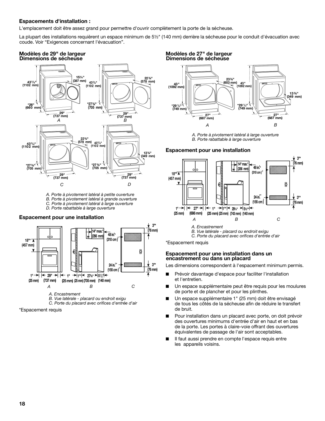 Maytag W10296136A-SP, W10296135A, MGDC500VW Espacements dinstallation, Espacement pour une installation, Espacement requis 