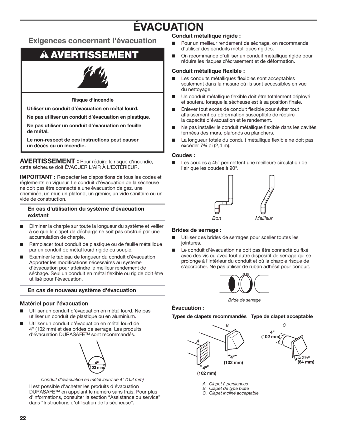 Maytag W10296135A, W10296136A-SP, MGDC500VW installation instructions Évacuation, Exigences concernant lévacuation 