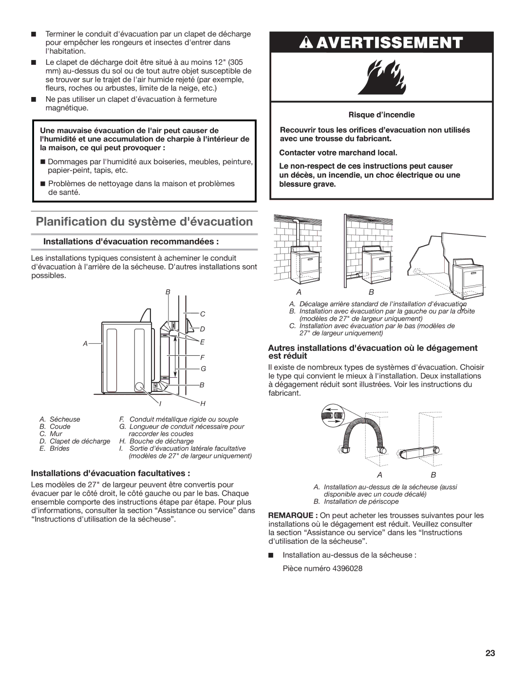 Maytag MGDC500VW, W10296136A-SP, W10296135A Planification du système dévacuation, Installations dévacuation recommandées 