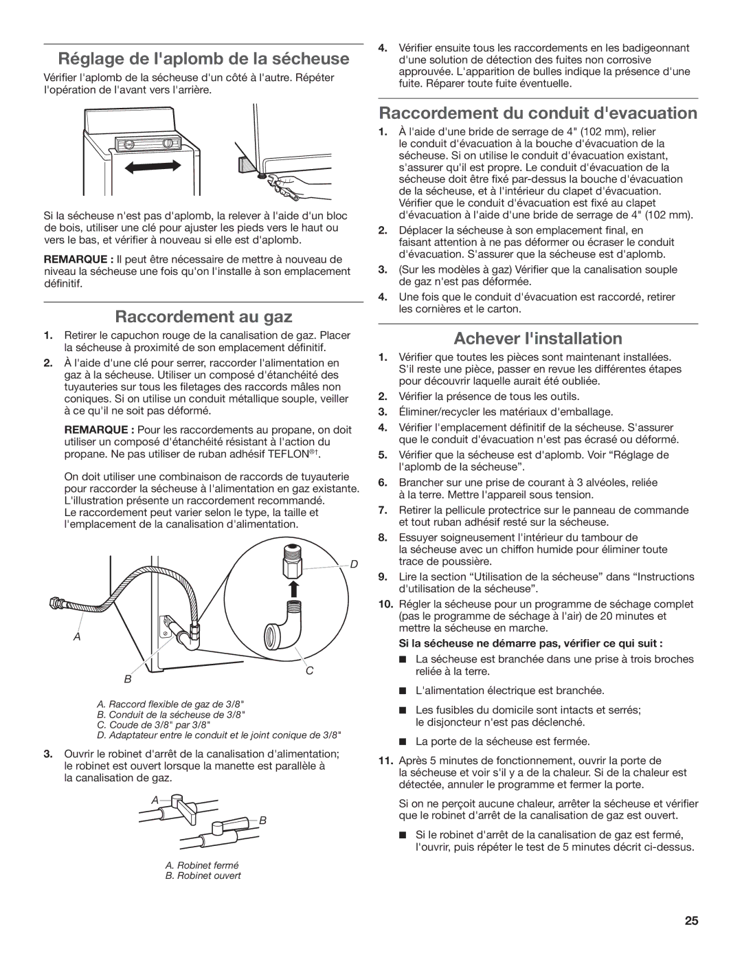 Maytag W10296135A, MGDC500VW Réglage de laplomb de la sécheuse, Raccordement au gaz Raccordement du conduit devacuation 