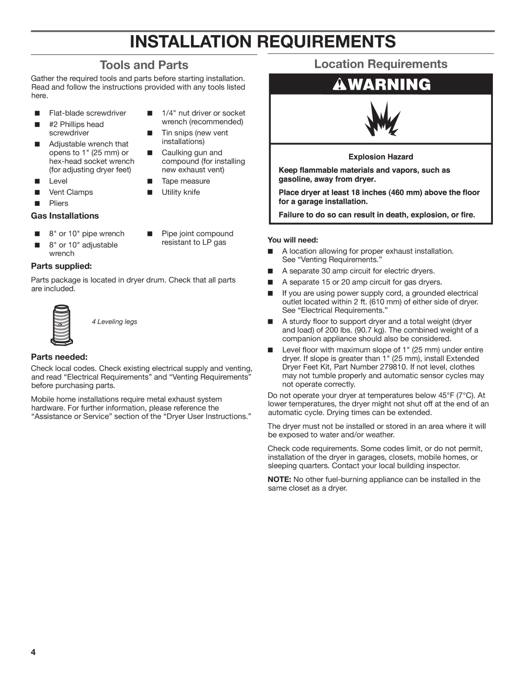 Maytag W10296135A, W10296136A-SP, MGDC500VW Installation Requirements, Tools and Parts, Location Requirements 