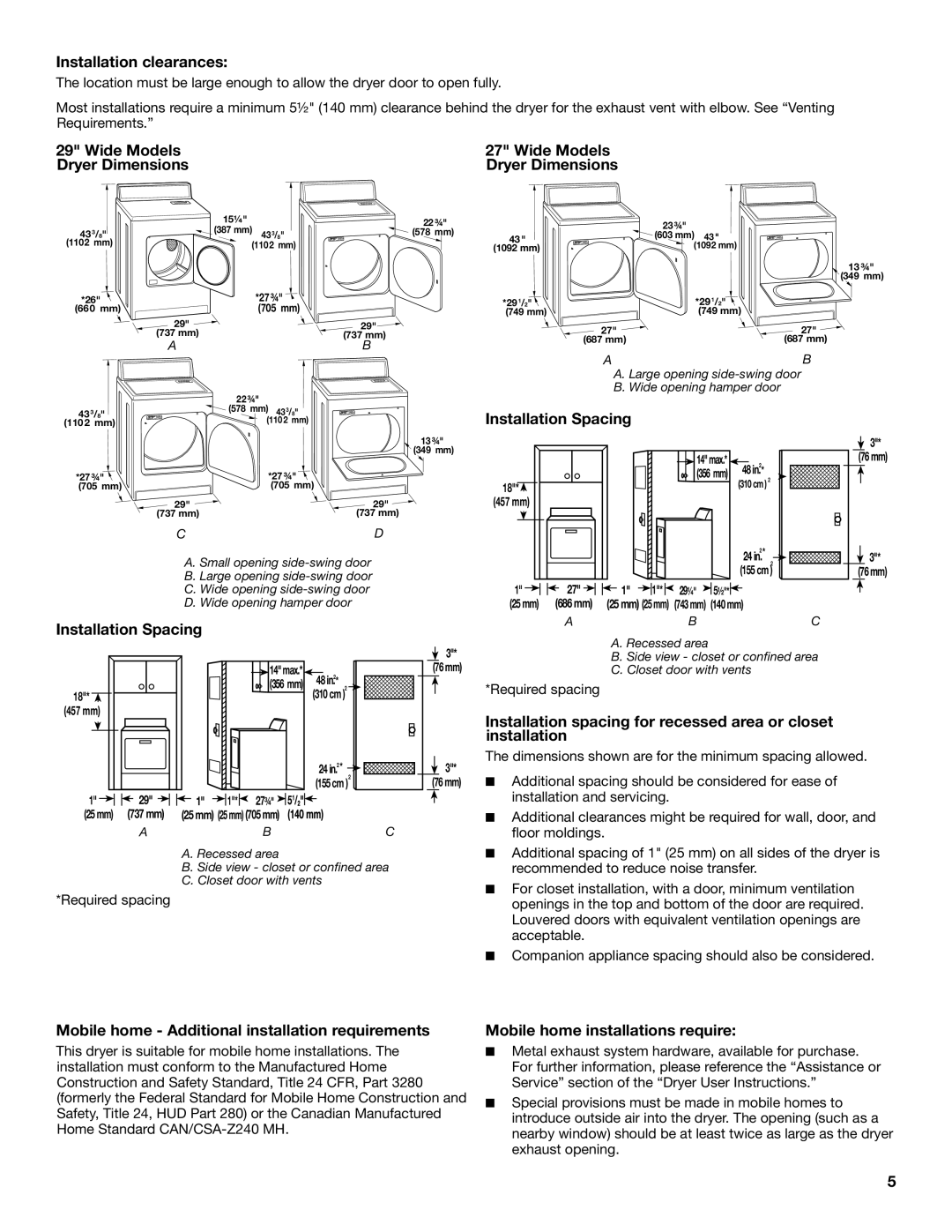 Maytag MGDC500VW, W10296136A-SP, W10296135A Installation clearances, Wide Models Dryer Dimensions, Installation Spacing 