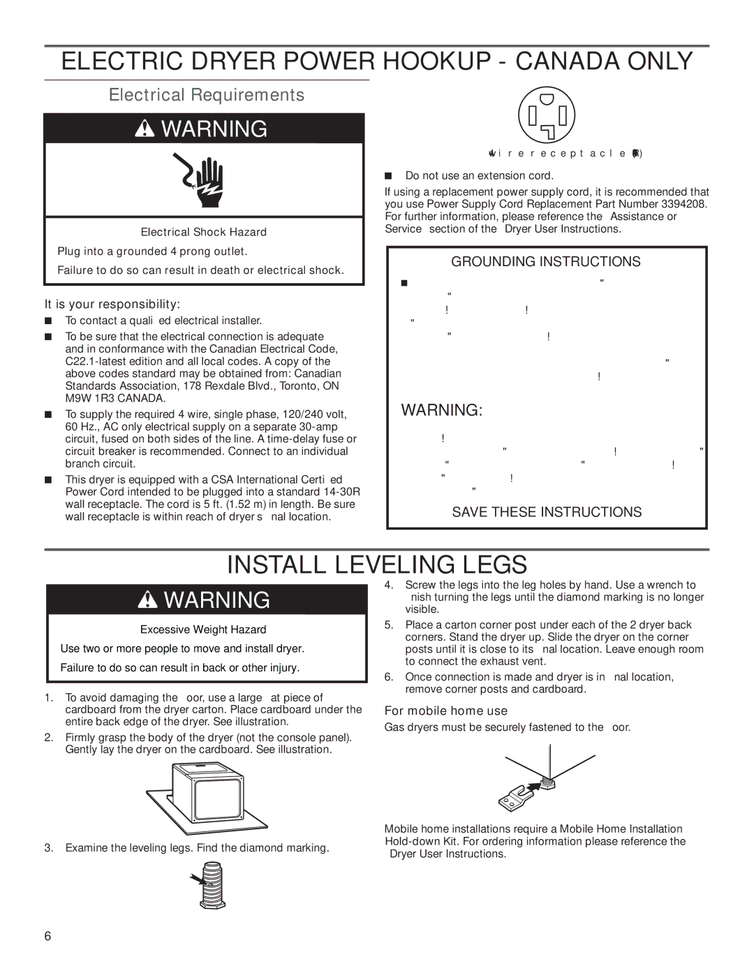 Maytag W10296136A-SP, W10296135A, MGDC500VW Electrical Requirements, It is your responsibility, For mobile home use 