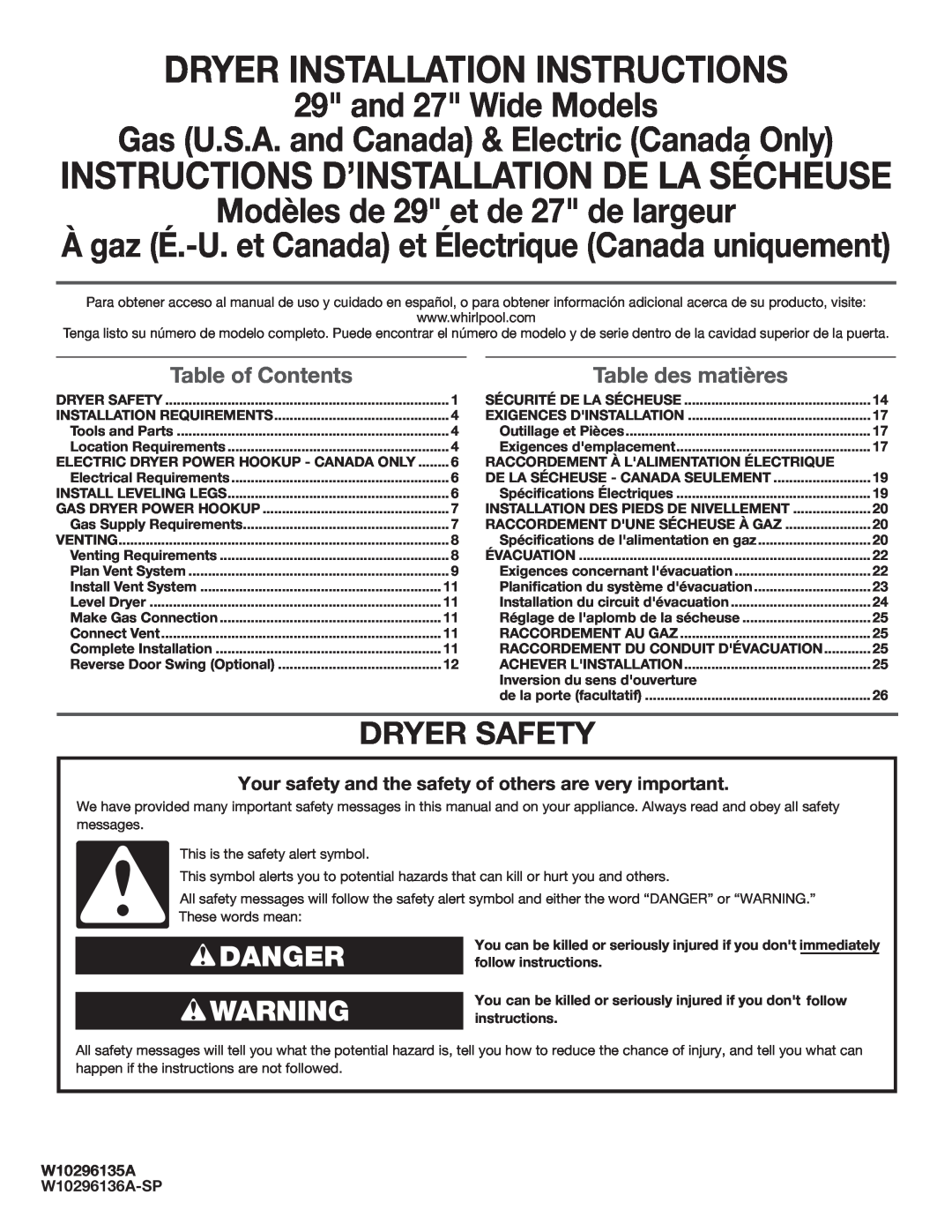 Maytag W10296135A, MGDC500VW installation instructions Dryer Safety, Danger Warning, Table of Contents, Table des matières 