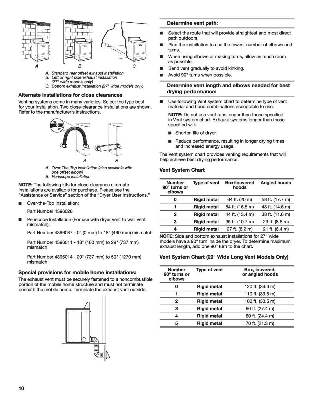 Maytag W10296135A Alternate installations for close clearances, Special provisions for mobile home installations 