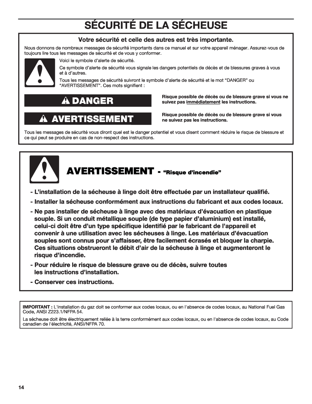 Maytag MGDC500VW, W10296136A-SP, W10296135A installation instructions Sécurité De La Sécheuse, Danger Avertissement 