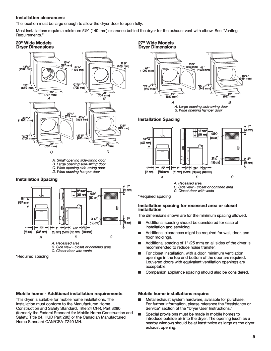 Maytag MGDC500VW, W10296136A-SP Installation clearances, Wide Models, Dryer Dimensions, Installation Spacing, installation 