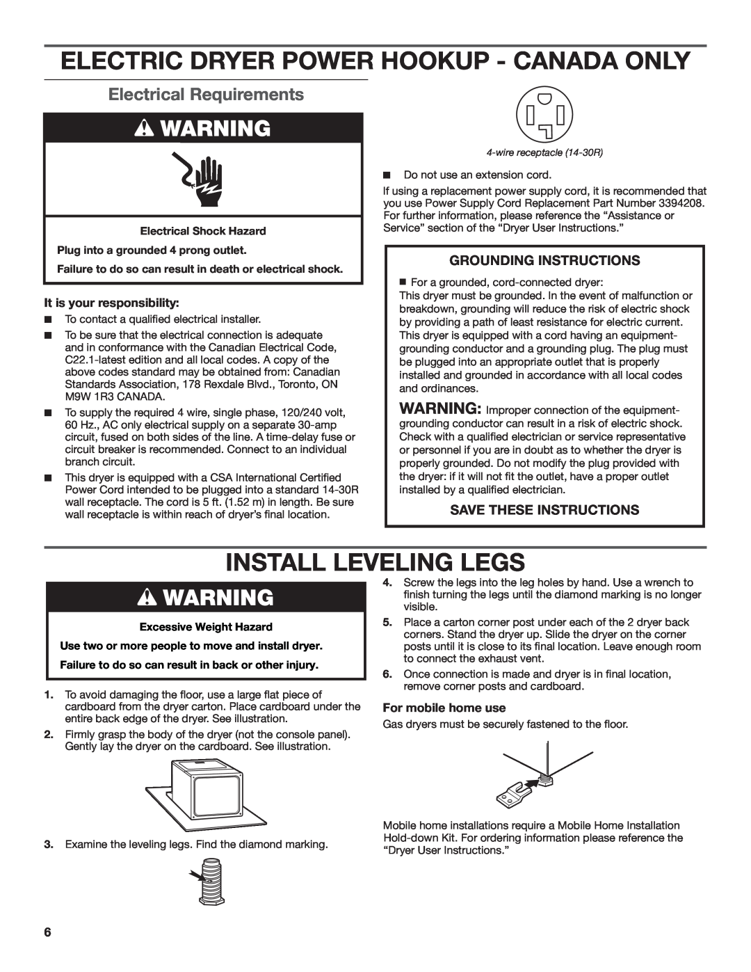 Maytag W10296136A-SP, W10296135A Electric Dryer Power Hookup - Canada Only, Install Leveling Legs, Electrical Requirements 
