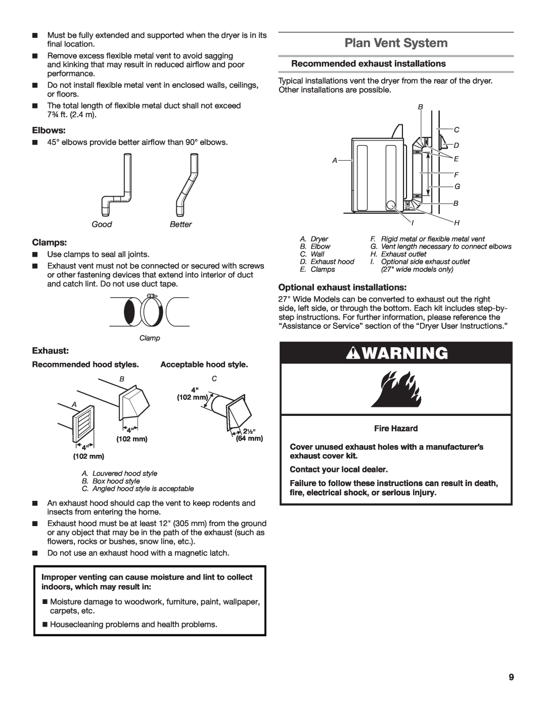 Maytag W10296136A-SP, W10296135A Plan Vent System, Recommended exhaust installations, Elbows, Clamps, Exhaust, GoodBetter 