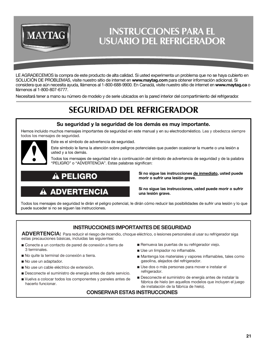 Maytag W10297791 manual Instrucciones Para EL Usuario DEL Refrigerador, Seguridad DEL Refrigerador 