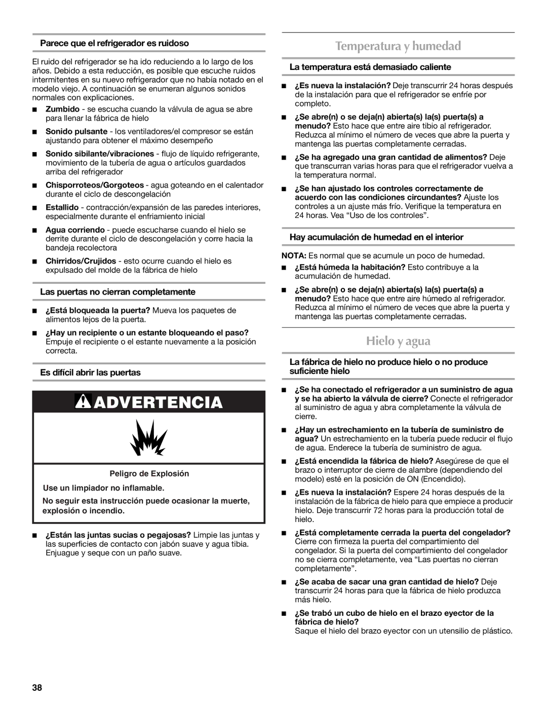 Maytag W10297791 manual Temperatura y humedad, Hielo y agua 