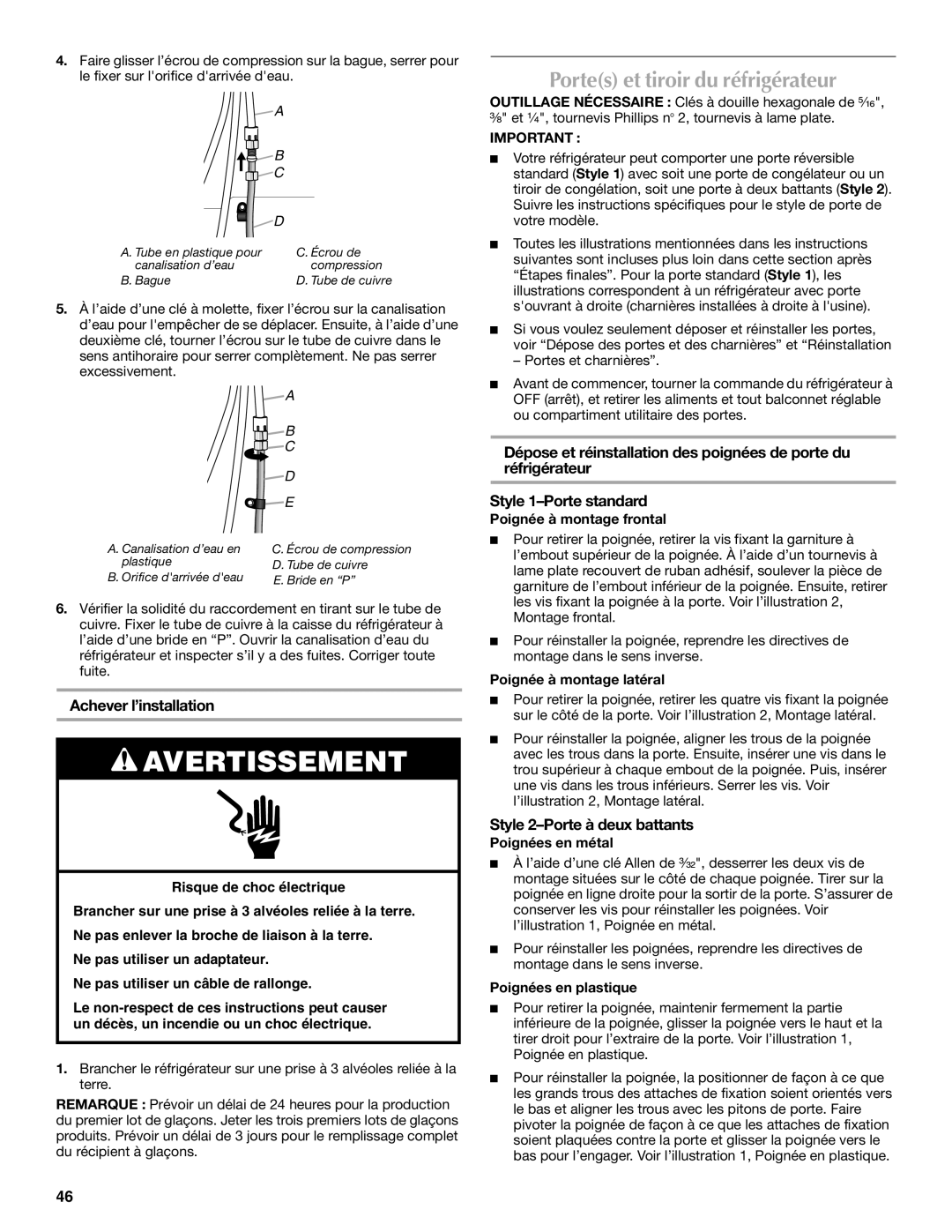 Maytag W10297791 manual Portes et tiroir du réfrigérateur, Achever l’installation, Style 2-Porte à deux battants 