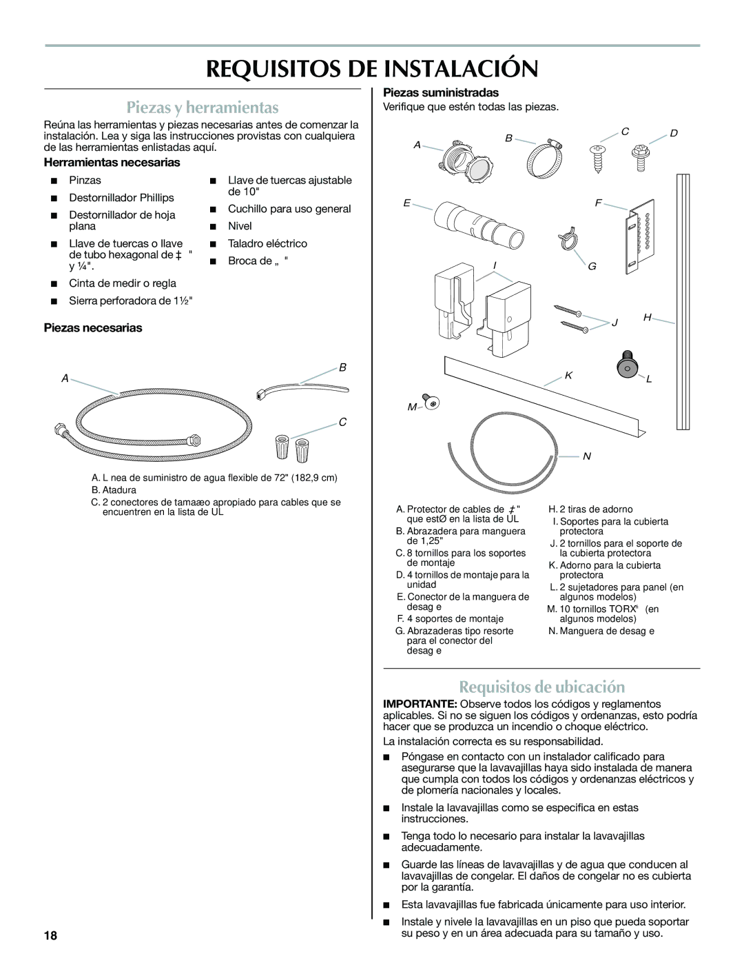 Maytag W10300218A installation instructions Requisitos DE Instalación, Piezas y herramientas, Requisitos de ubicación 