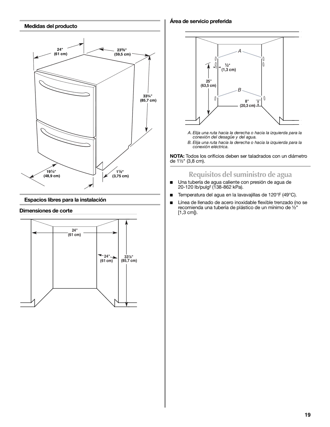 Maytag W10300218A Requisitos del suministro de agua, Medidas del producto, Área de servicio preferida 