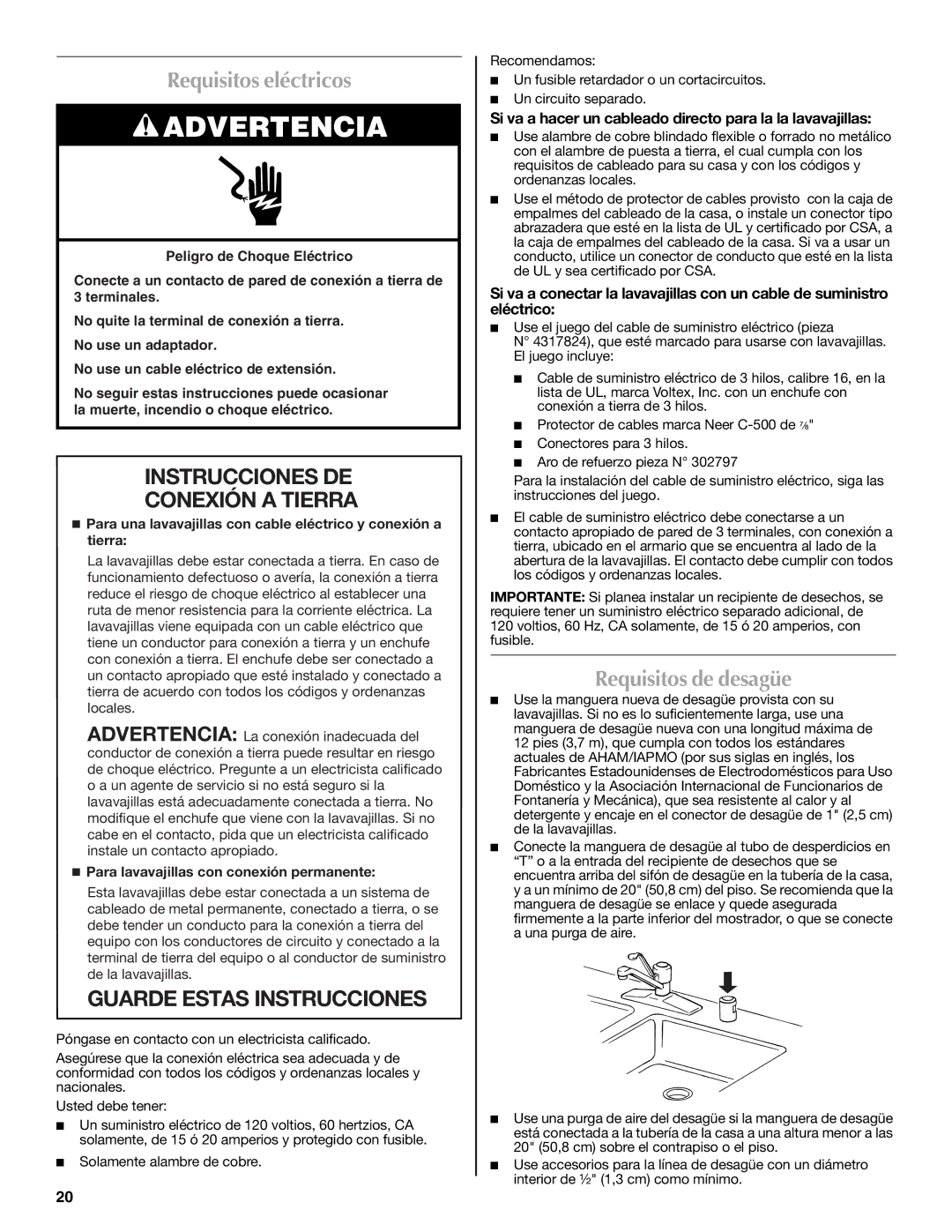 Maytag W10300218A Requisitos eléctricos, Requisitos de desagüe, Si va a hacer un cableado directo para la la lavavajillas 