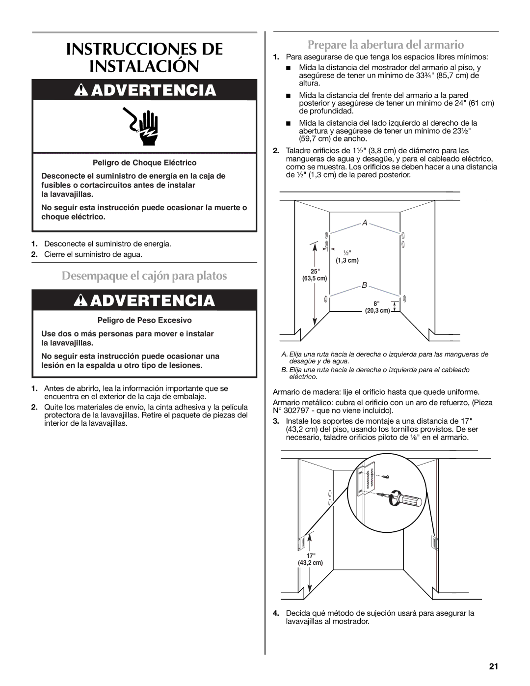 Maytag W10300218A Instrucciones DE Instalación, Desempaque el cajón para platos, Prepare la abertura del armario 