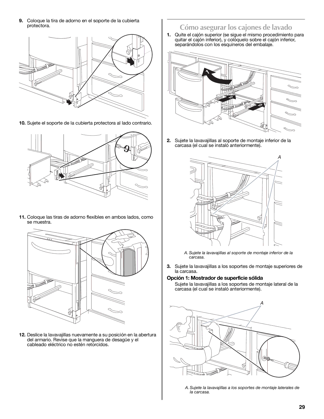 Maytag W10300218A installation instructions Cómo asegurar los cajones de lavado, Opción 1 Mostrador de superficie sólida 