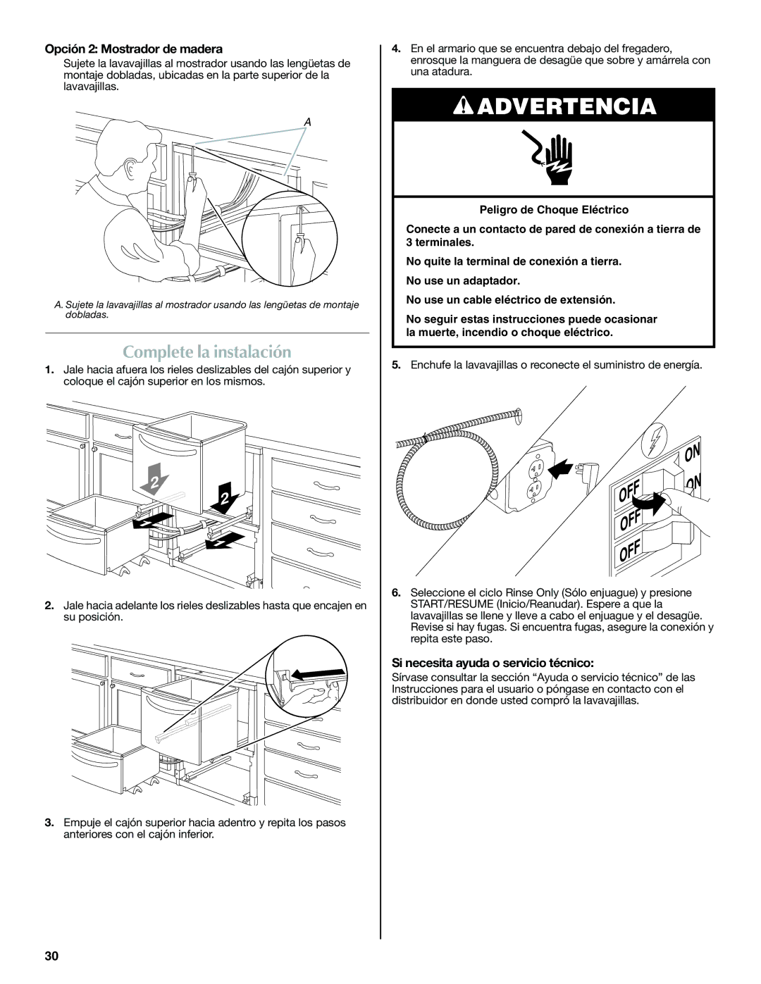 Maytag W10300218A Complete la instalación, Opción 2 Mostrador de madera, Si necesita ayuda o servicio técnico 