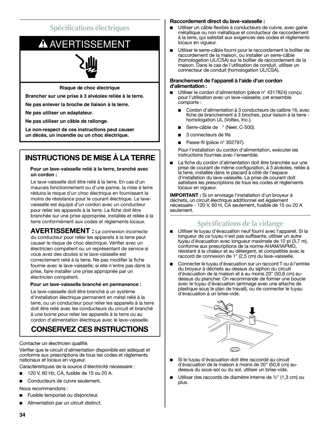 Maytag W10300218A Spécifications électriques, Spécifications de la vidange, Raccordement direct du lave-vaisselle 