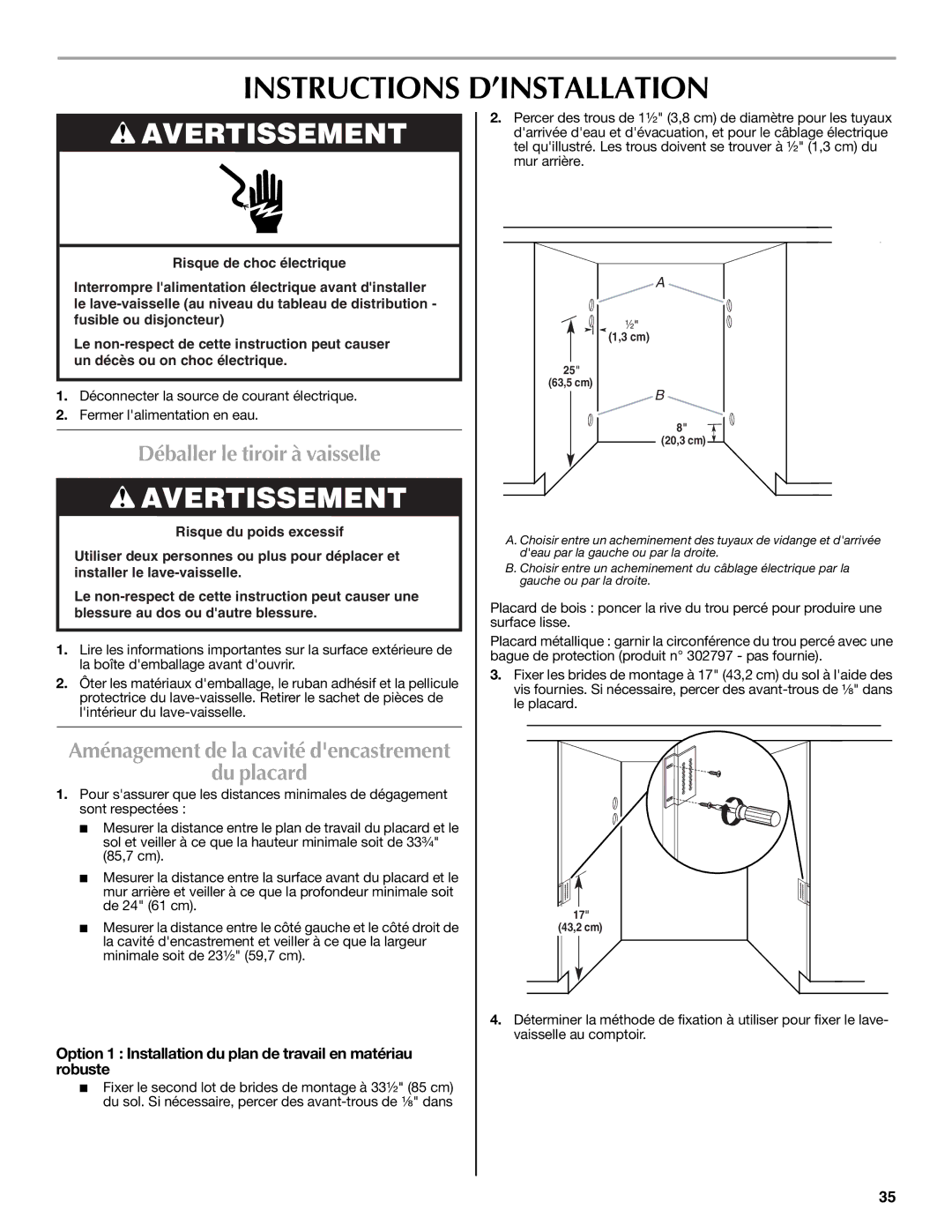 Maytag W10300218A installation instructions Instructions D’INSTALLATION, Déballer le tiroir à vaisselle, Du placard 