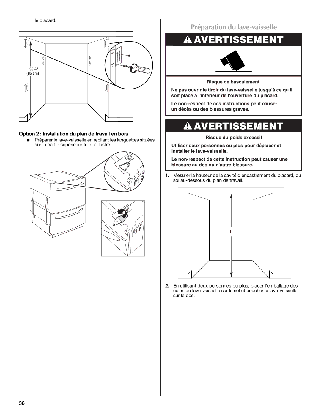 Maytag W10300218A installation instructions Préparation du lave-vaisselle, Option 2 Installation du plan de travail en bois 