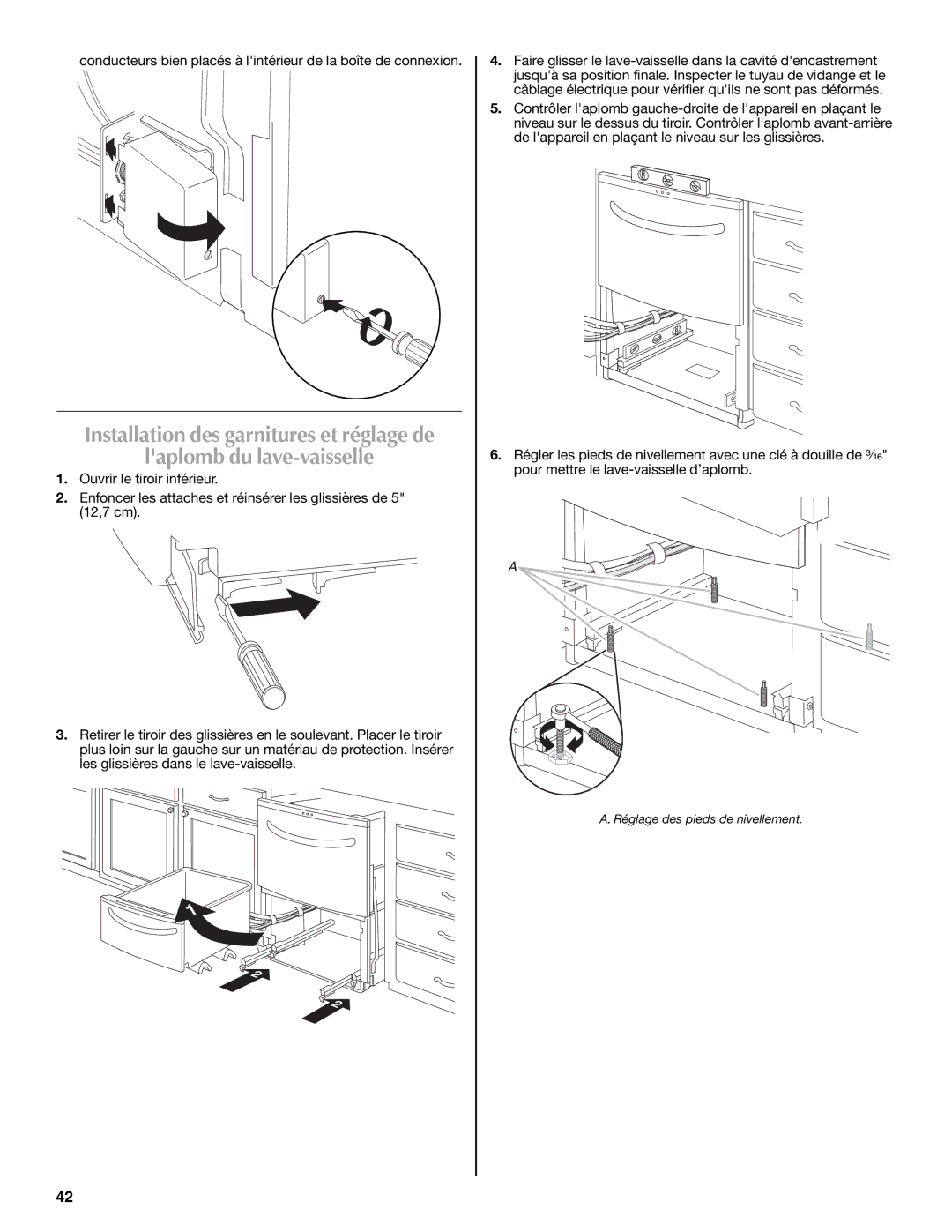 Maytag W10300218A installation instructions Laplomb du lave-vaisselle, Réglage des pieds de nivellement 