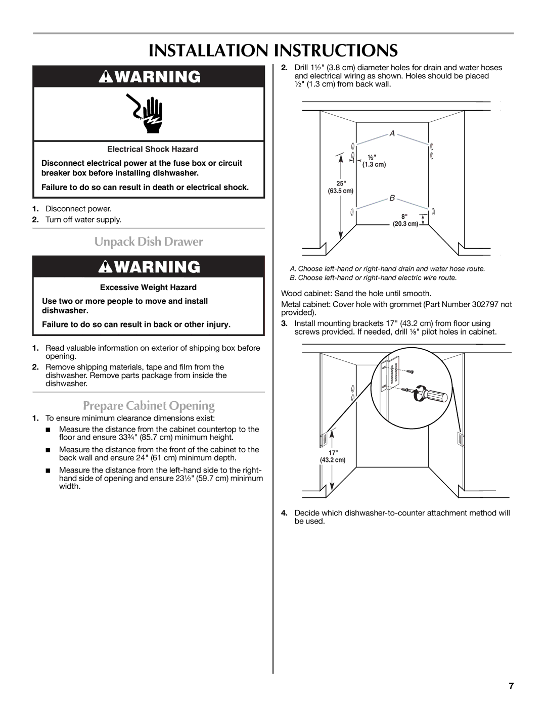 Maytag W10300218A installation instructions Installation Instructions, Unpack Dish Drawer, Prepare Cabinet Opening 