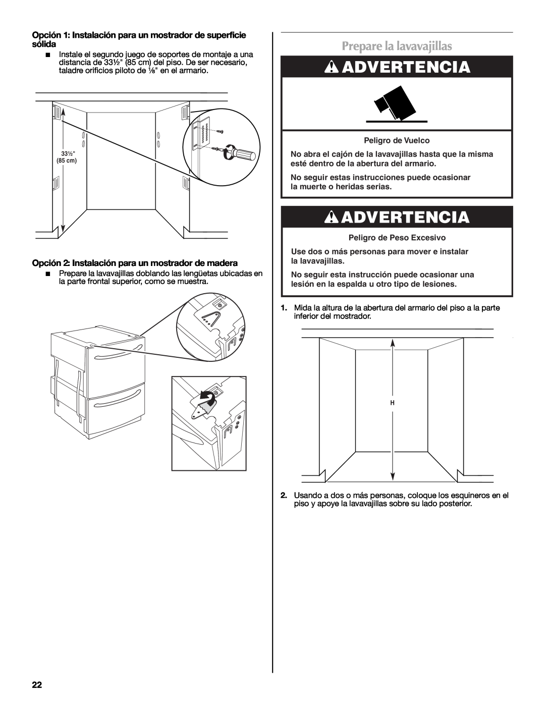 Maytag W10300218A Prepare la lavavajillas, Advertencia, Opción 2 Instalación para un mostrador de madera 