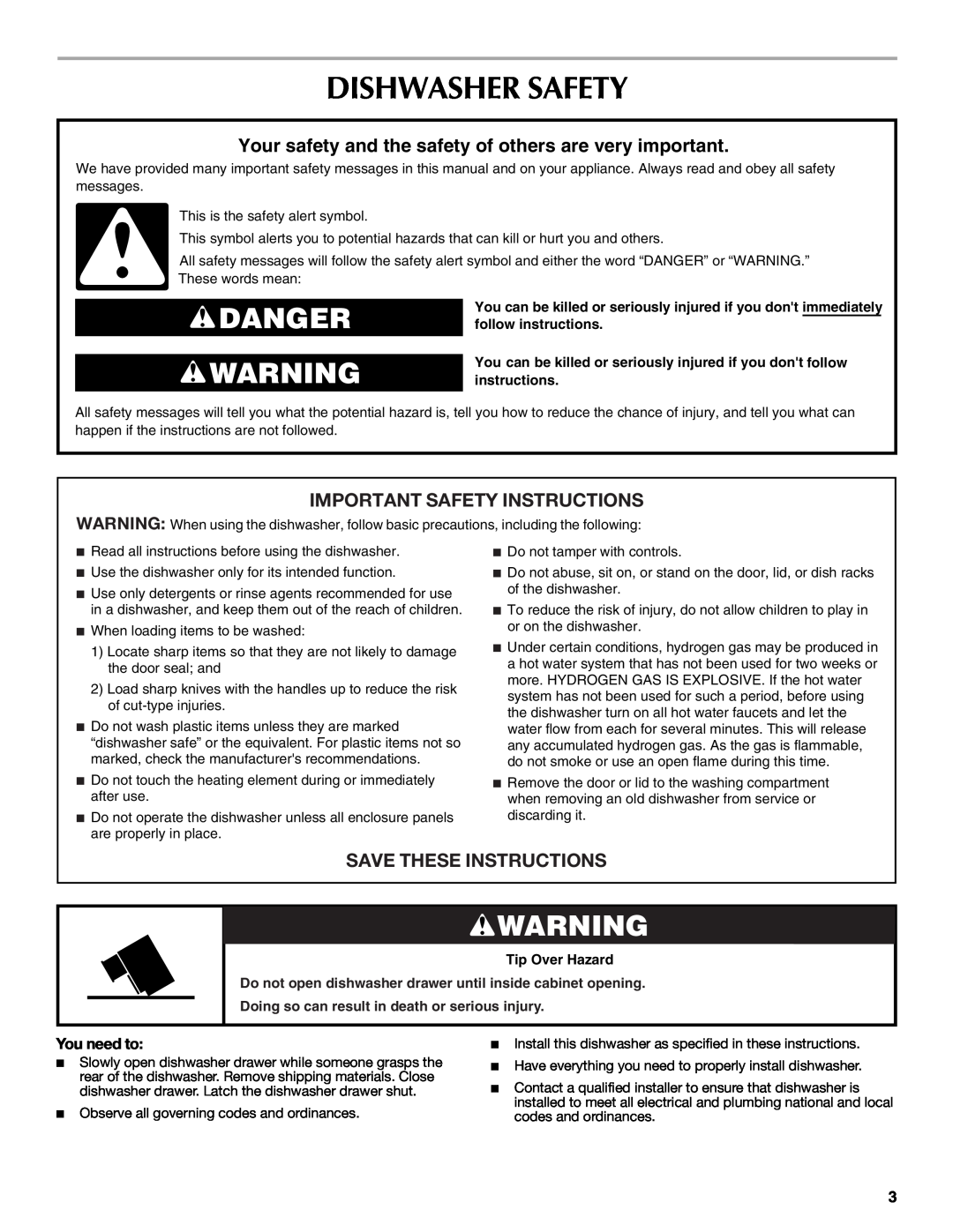 Maytag W10300218A Dishwasher Safety, Danger, Important Safety Instructions, Save These Instructions 